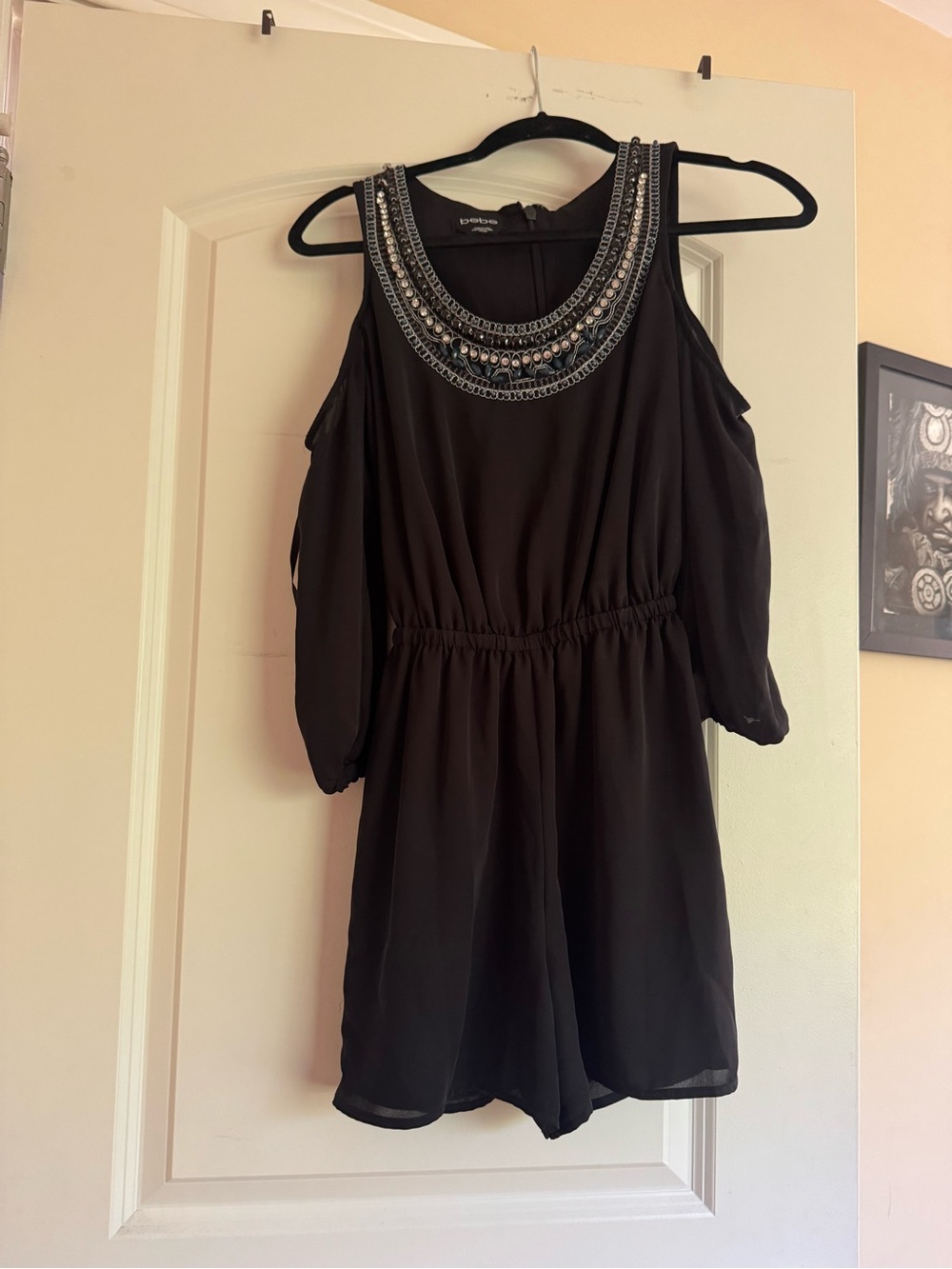 bebe Black Embellished Cold-Shoulder Short Romper